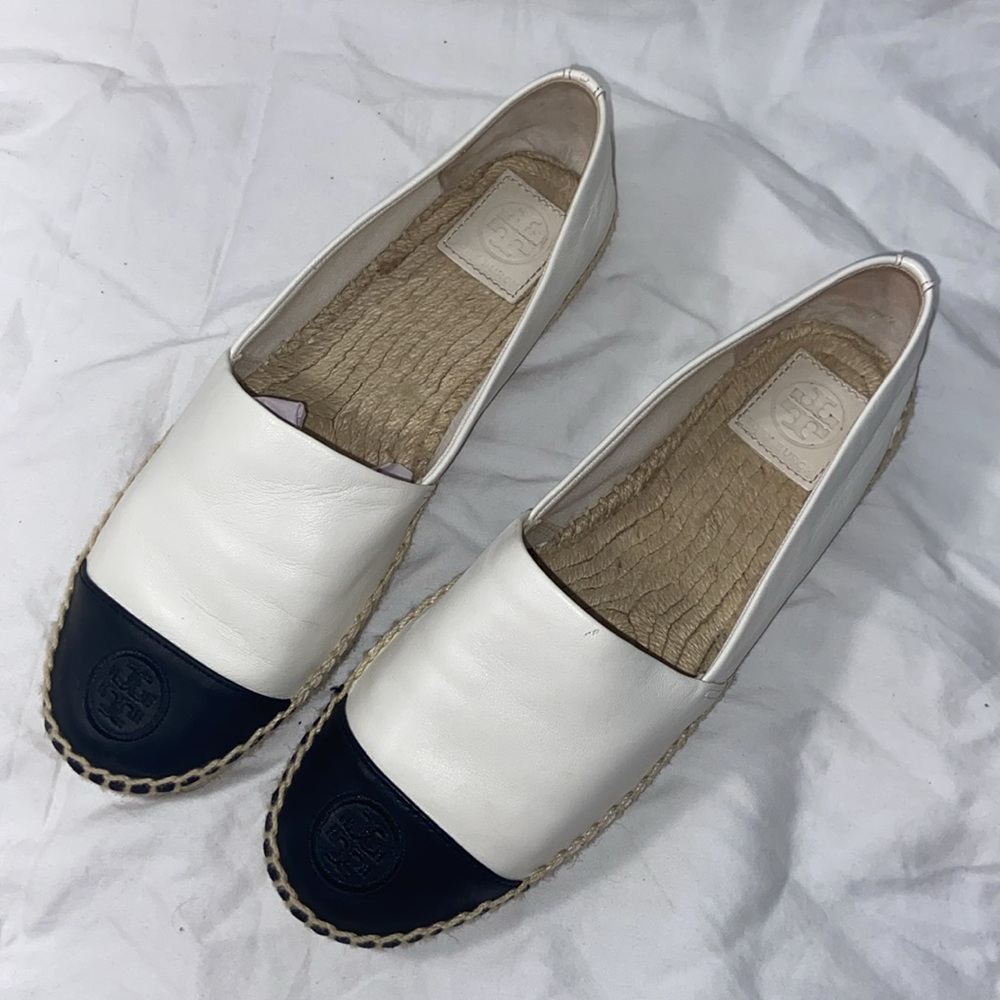 Like new Tory Burch White and Black Cap Toe Colorblock Espadrilles Flats - Picture 13 of 16